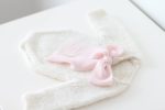Alpaca Knit Newborn Romper – Cream Photo Prop with Pink Ribbon - Image 5