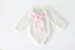 Alpaca Knit Newborn Romper – Cream Photo Prop with Pink Ribbon - Image 6
