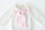 Alpaca Knit Newborn Romper – Cream Photo Prop with Pink Ribbon - Image 7