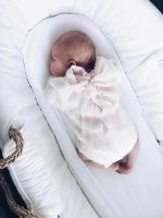 Alpaca Knit Newborn Romper – Cream Photo Prop with Pink Ribbon