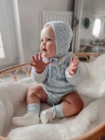 Hand-Knitted Merino Baby Boy Romper and Bonnet Set – Pale Blue - Image 3