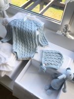 Crochet Baby Boy Romper Set – Pale Blue Merino Wool, Bonnet & Toy - Image 4