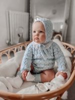 Hand Knitted Brown Merino Baby Romper Set - Bonnet & Socks - Image 6