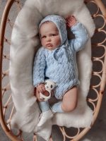 Hand-Knitted Merino Baby Boy Romper and Bonnet Set – Pale Blue - Image 2