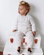 Cream Merino Wool Baby Outfit – Knit Sweater & Pants, Elephant Toy