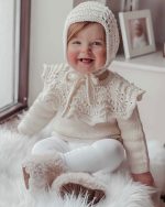 Merino Baby Sweater and Bonnet Set – Cream Ruffle Knit Outfit - Image 3
