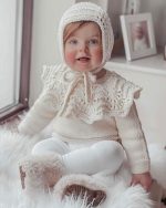 Merino Baby Sweater and Bonnet Set – Cream Ruffle Knit Outfit - Image 2