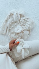 Knit Baby Alpaca Romper Set, Bonnet and Socks, Cream Photo Prop - Image 3