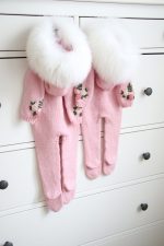 Merino Baby Romper – Pink Knit Footie, Genuine Fur Trim Hood
