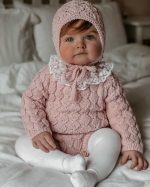 Hand Knit Baby Romper and Bonnet Set – Pale Pink Merino Wool