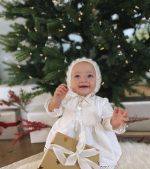 Baby girl popcorn bonnet - Alpaca yarn - Cream color - Image 3