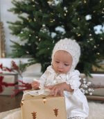 Baby girl popcorn bonnet - Alpaca yarn - Cream color