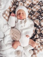 Hand Knit Baby Alpaca Romper and Bonnet Set – Cream Photo Prop