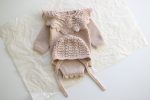 2T Merino Knit Baby Romper and Bonnet Set – Beige Photo Prop - Image 8