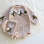 Hand Knitted Merino Baby Romper and Bonnet Set – Floral Photo Prop