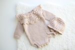 2T Merino Knit Baby Romper and Bonnet Set – Beige Photo Prop