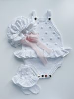 Cotton Baby Romper Set – White Popcorn Knit, Bonnet & Socks - Image 2