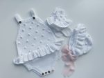 Cotton Baby Romper Set – White Popcorn Knit, Bonnet & Socks - Image 5