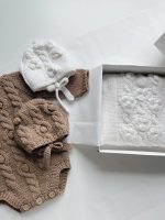 Hand Knitted Merino Baby Romper and Bonnet Set – Brown - Image 5