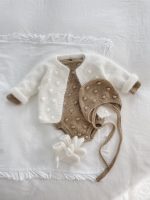 Hand Knitted Merino Baby Romper and Bonnet Set – Brown Photo Prop - Image 3