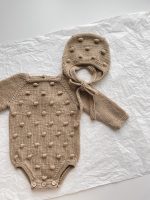 Hand Knitted Merino Baby Romper and Bonnet Set – Brown Photo Prop - Image 2