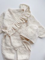 Merino Baby Romper and Bonnet Set - Cream Ruffle Outfit - Image 3