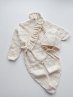 Merino Baby Romper and Bonnet Set - Cream Ruffle Outfit - Image 5