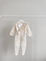 Merino Knit Baby Romper and Bonnet Set - Cream Ruffle Outfit - Image 2
