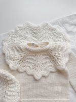 Merino Wool Baby Sweater and Bonnet Set - Cream Ruffle Neck - Image 3