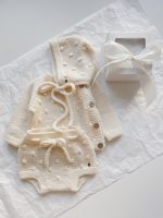 Set of 3 - Merino Wool Baby Outfit Set – Cream Knit Sweater, Bonnet, Panties - Image 2