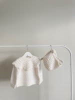 Merino Wool Baby Sweater and Bonnet Set - Cream Ruffle Neck