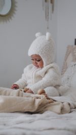 Alpaca Knit Baby Romper and Bonnet Set - Cream Outfit - Image 4