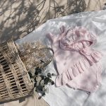 Cotton Baby Romper Set – Pale Pink Ruffle Outfit with Bonnet