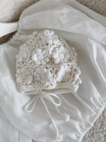 Hand Crochet Baby Bonnet – Cream Flower, Merino Wool - Image 2
