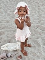 Cotton Popcorn Knit Baby Romper & Bonnet Set – Pale Pink Ruffle - Image 2