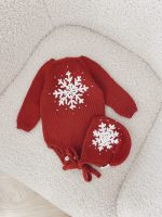 Merino Baby Romper and Bonnet Set – Red Snowflake Outfit - Image 2