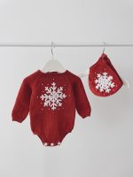 Merino Baby Romper and Bonnet Set – Red Snowflake Outfit - Image 3