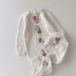 Embroidered Flower Merino Baby Romper Set, Bonnet and Socks