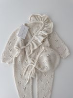 Merino Baby Outfit – Cream Ruffle Romper and Bonnet Set - Image 7