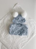 Pale Blue Merino Baby Sweater and Bonnet Set – Fur Pom Poms - Image 7