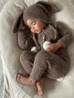 Alpaca Knit Baby Romper and Bunny Bonnet Set