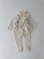 Merino Baby Outfit – Cream Ruffle Romper and Bonnet Set - Image 9