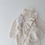 Merino Baby Outfit – Cream Ruffle Romper and Bonnet Set