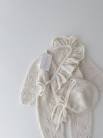 Merino Baby Outfit – Cream Ruffle Romper and Bonnet Set