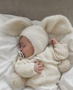 Alpaca Blend Baby Bunny Bonnet – Cream Knit Hat with Fur Pom Poms (3-6 Months)