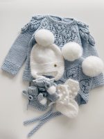 Pale Blue Merino Baby Sweater and Bonnet Set – Fur Pom Poms - Image 8