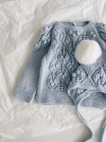 Pale Blue Merino Baby Sweater and Bonnet Set – Fur Pom Poms - Image 4