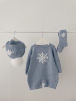 Knitted Merino Baby Romper Set, Blue Snowflake Outfit - Image 3
