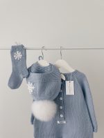 Knitted Merino Baby Romper Set, Blue Snowflake Outfit - Image 2