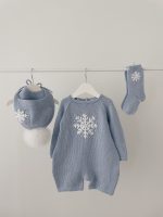 Knitted Merino Baby Romper Set, Blue Snowflake Outfit